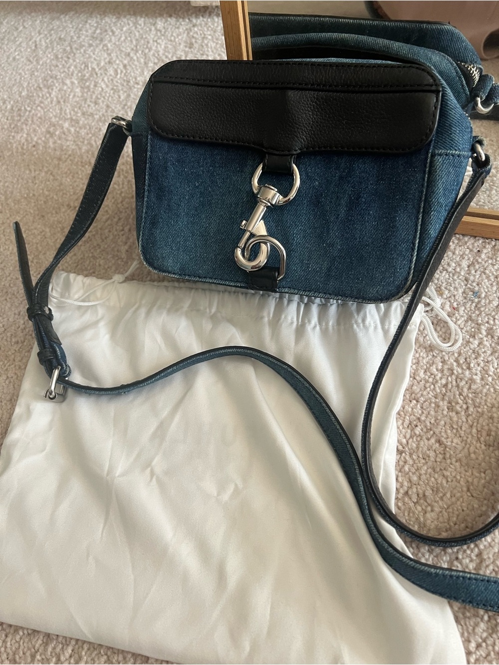 Denim and Black Crossbody Camera Bag with Silver Hardware